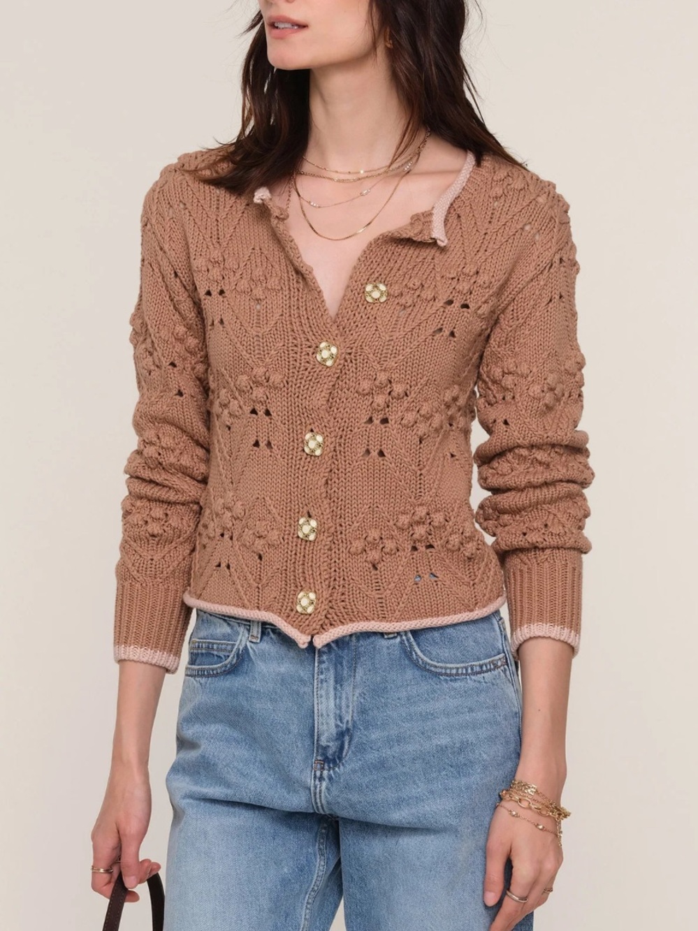 HEARTLOOM WOMENS COTTON KNIT EVIRA CARDIGAN SWEATER BROWN SMALL